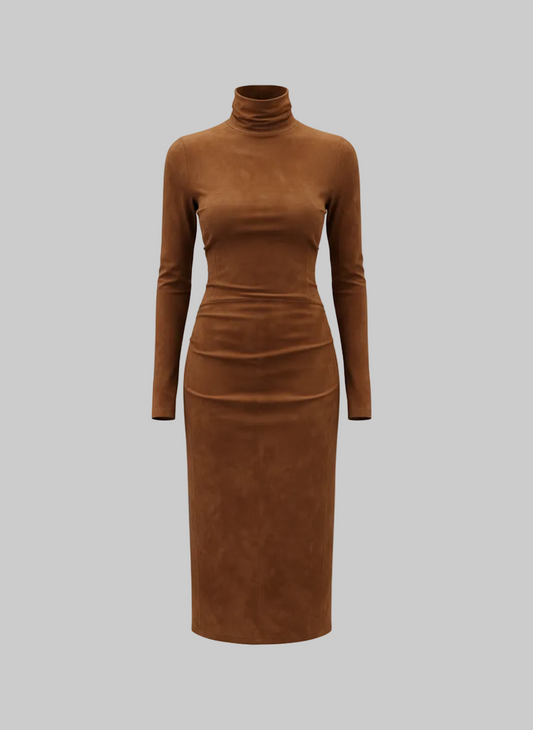 Body Skimming Midi Suede Effect Dress | Medium | Coffee Colour | L’LUXE Dresses
