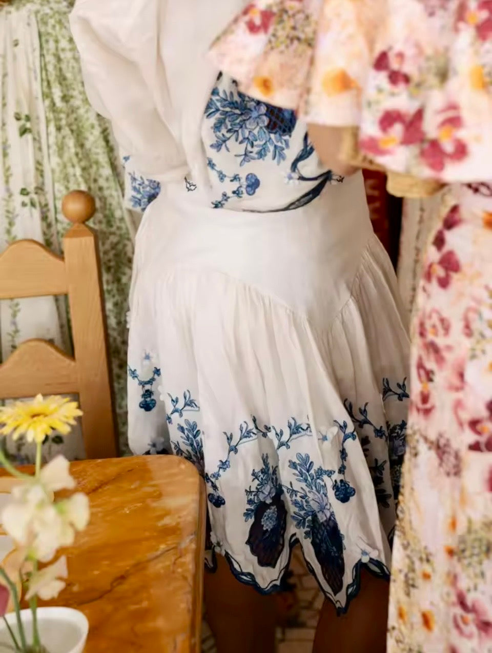 Floral Embroidered Two-Piece Shirt and Skirt Set