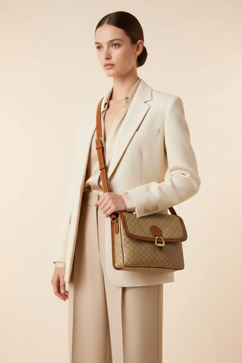 Celine Macadam Pattern Shoulder Bag Beige Coated Canvas Previously Owned Authentic