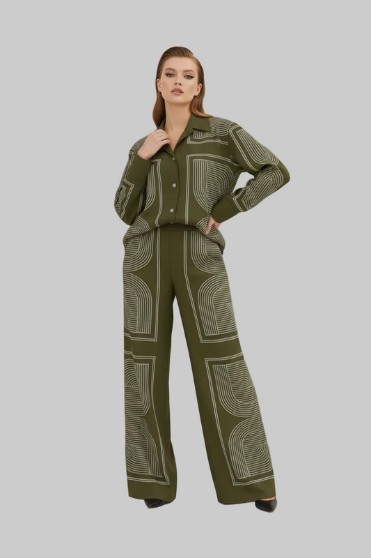 Olive Print 2-Piece Set | Button Shirt & Wide-Leg Pants |Curve | L’LUXE Matching Sets