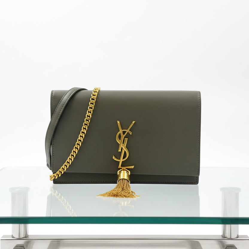 Saint Laurent Kate Chain Wallet Khaki Green Leather Gold – Previously Owned Authentic
