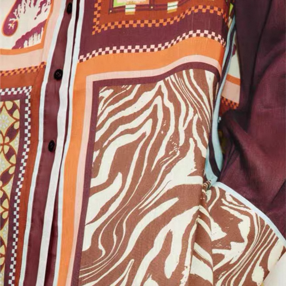 Ensembles coordonnés en soie à imprimé foulard bordeaux | Haut, chemise ou pantalon large | Pièces assorties
