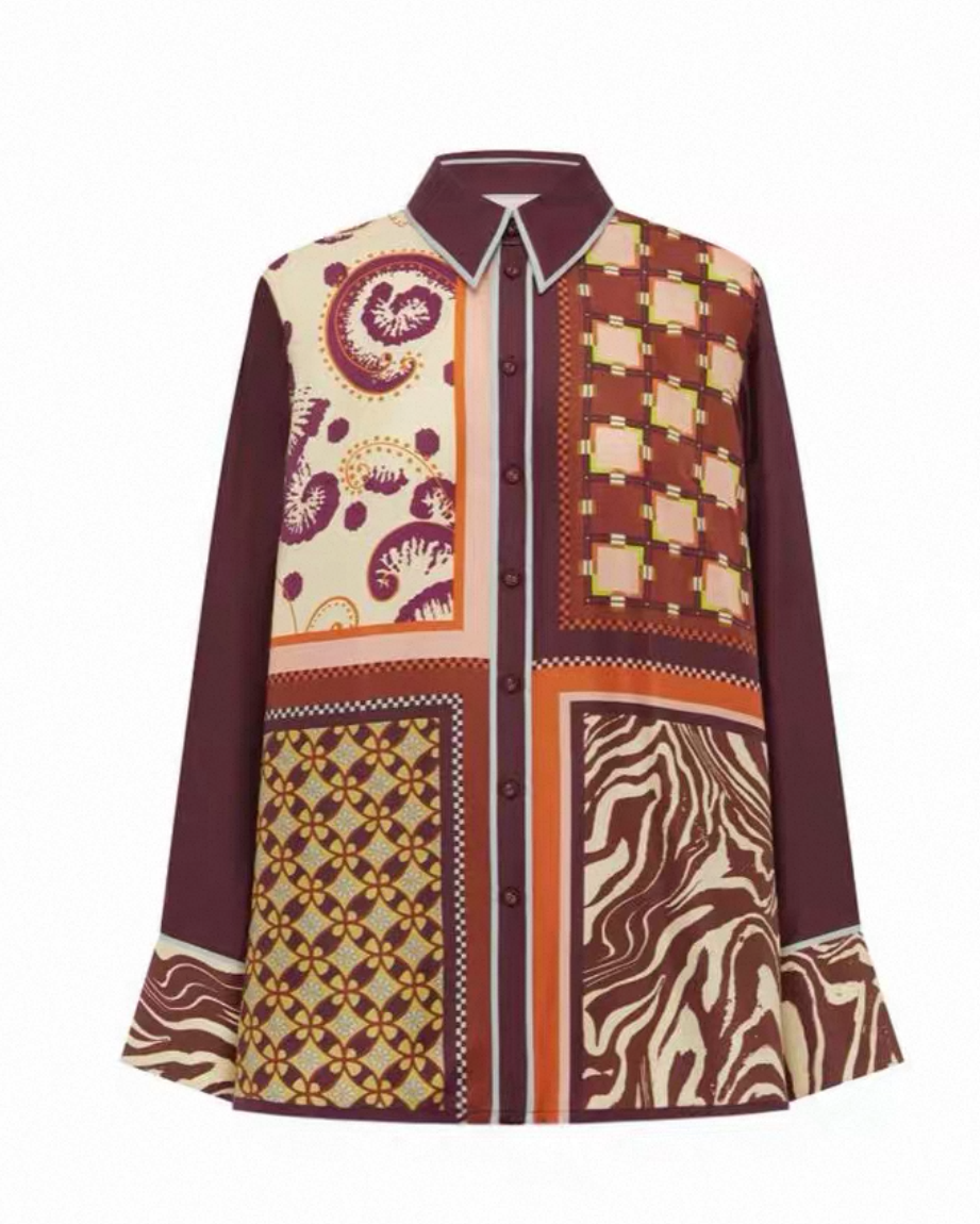 Ensembles coordonnés en soie à imprimé foulard bordeaux | Haut, chemise ou pantalon large | Pièces assorties