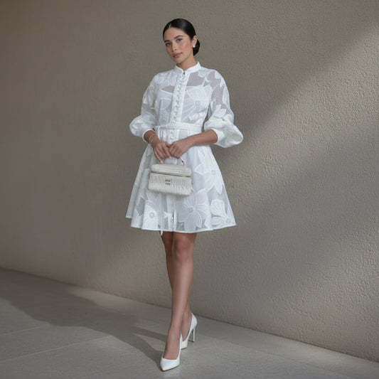 White Embroidered Mesh Dress  Long Sleeve Tie Waist Dress | Curve | L’LUXE Dresses