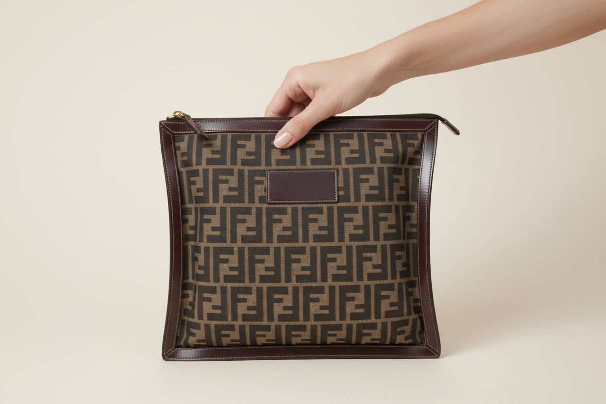 Fendi Zucca Pattern Clutch Bag Canvas Leather Previously Owned Authentic