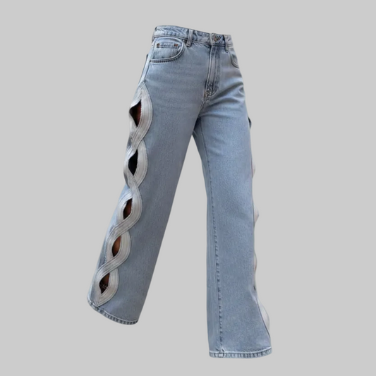 Blue Side Hollow-Out Barrel Jeans – High-Waist Light Wash – Ankle-Length Denim Pants | L’LUXE Bottoms
