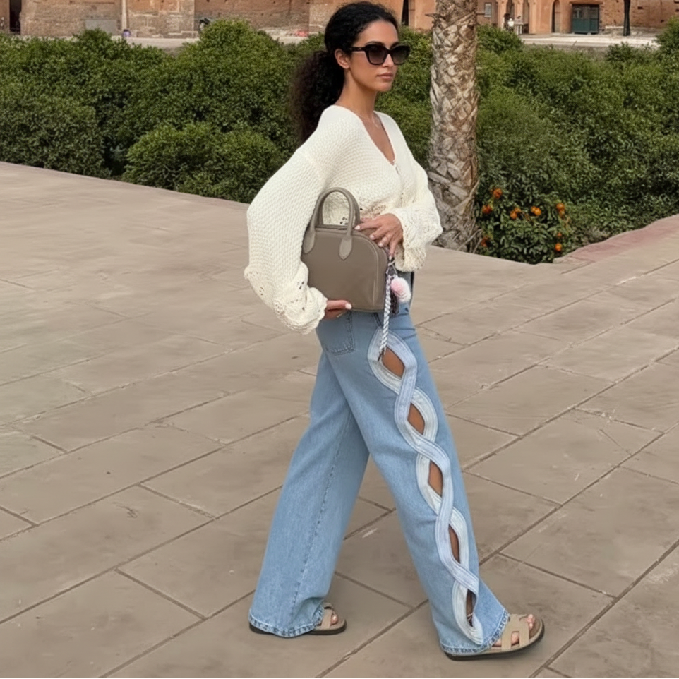 Blue Side Hollow-Out Barrel Jeans – High-Waist Light Wash – Ankle-Length Denim Pants | L’LUXE Bottoms