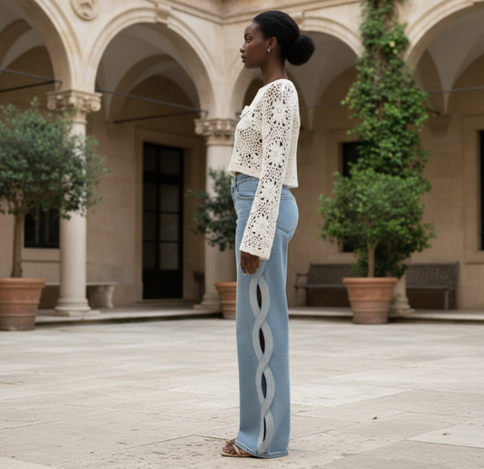 Blue Side Hollow-Out Barrel Jeans – High-Waist Light Wash – Ankle-Length Denim Pants | L’LUXE Bottoms