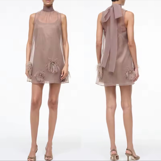 Taupe Feather Trim Mesh Mini Dress | L’LUXE Dresse