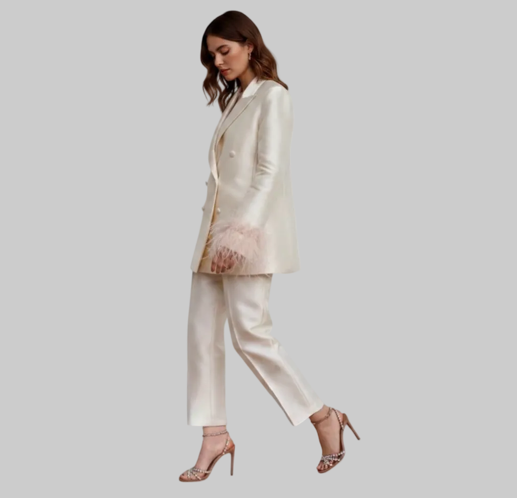 Ivory Double-Breasted Feather Cuff Suit Set