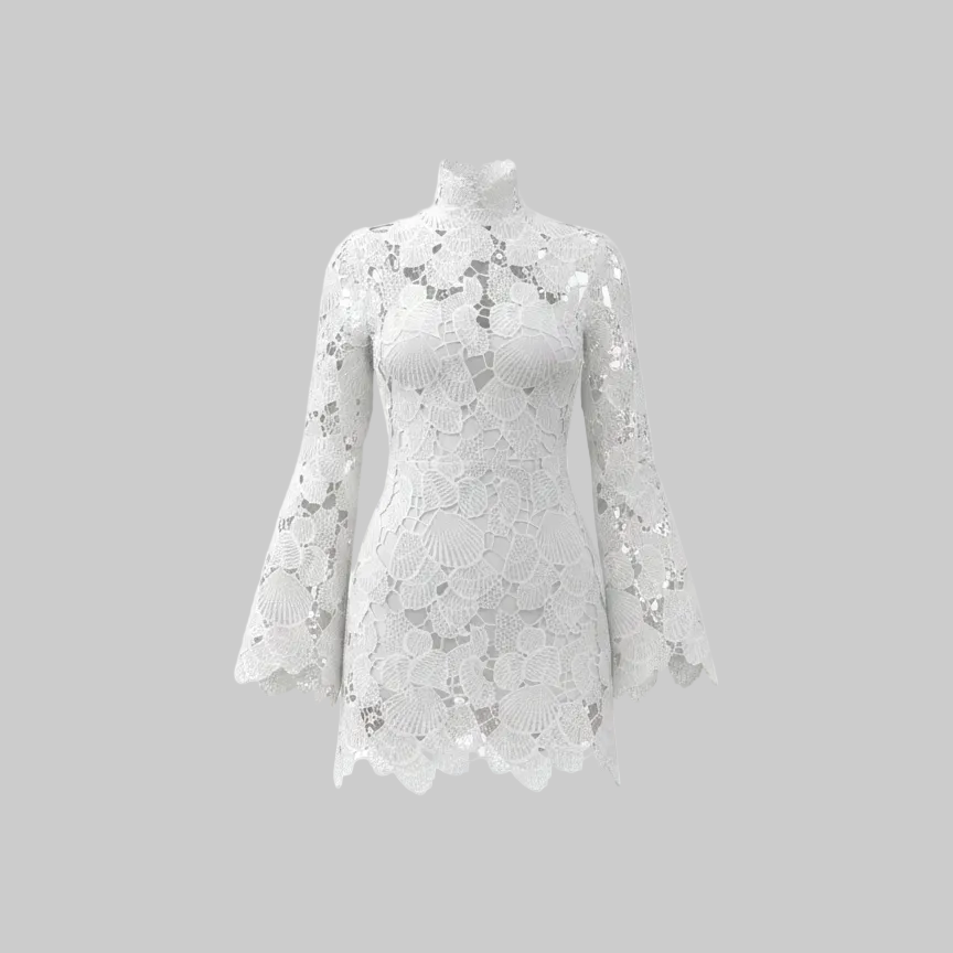 White Floral Lace Mini Dress Stand Collar Long Sleeve Style