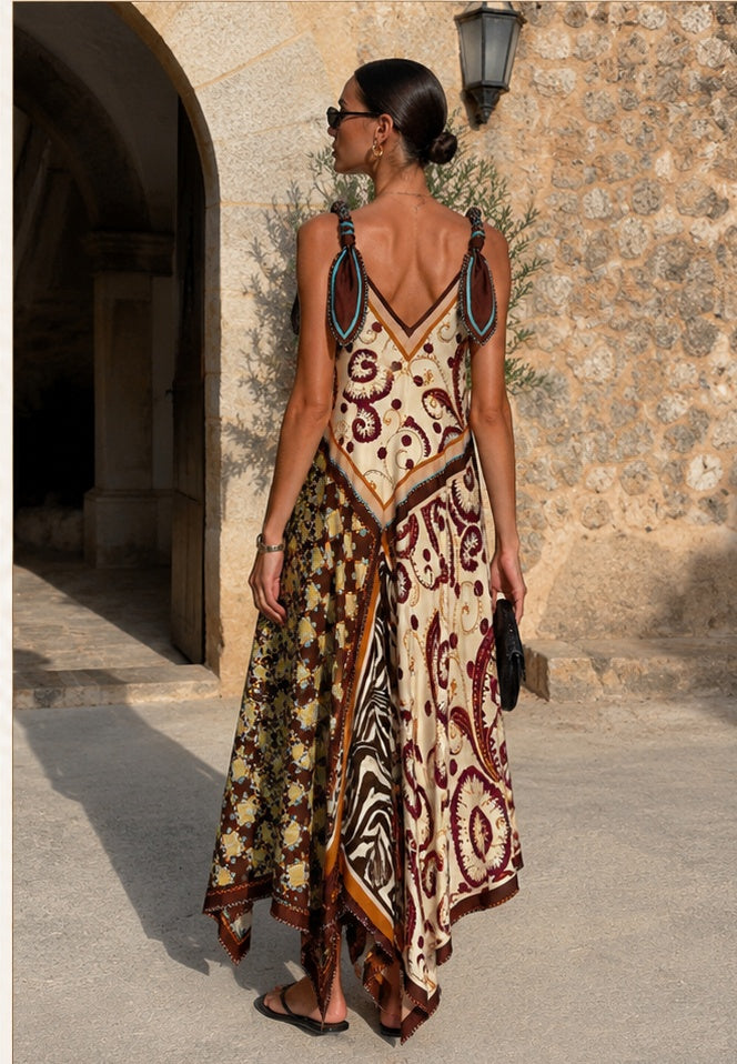 Designer Inspired Patchwork Printed Silk Sling Dress with Adjustable Tie Straps