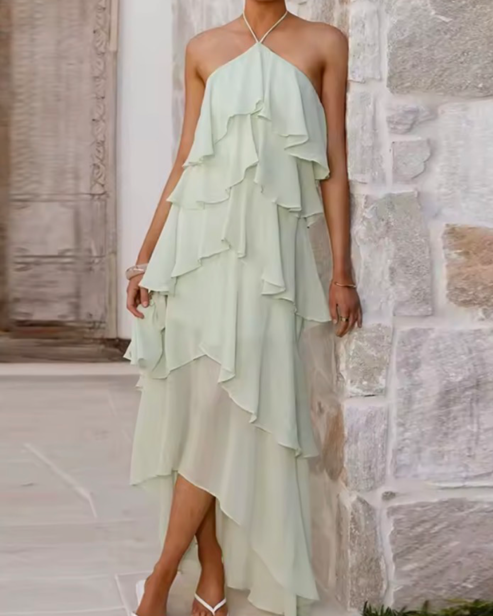 Layered Ruffle Halter High-Low Dress