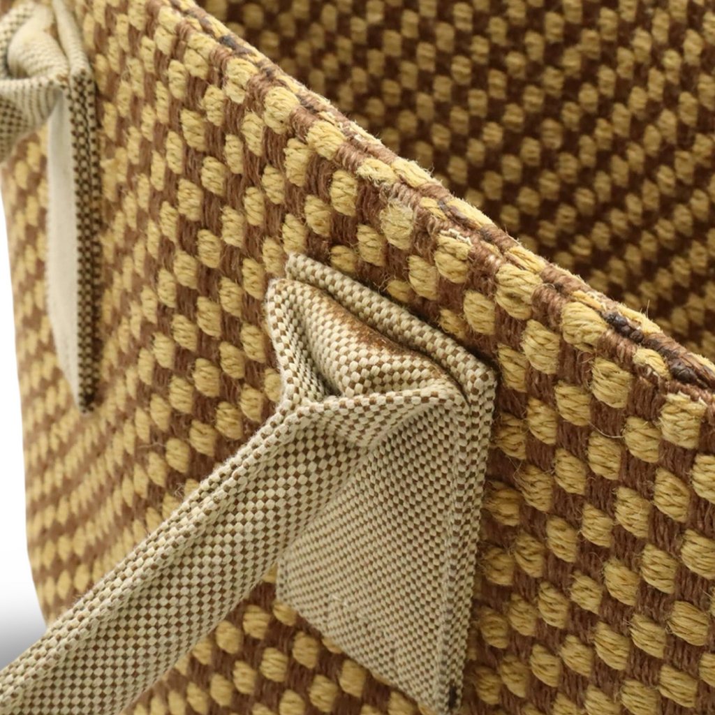Hermès Panierbas PM Linen Tote Bag Brown Beige Checkered Previously Owned Authentic