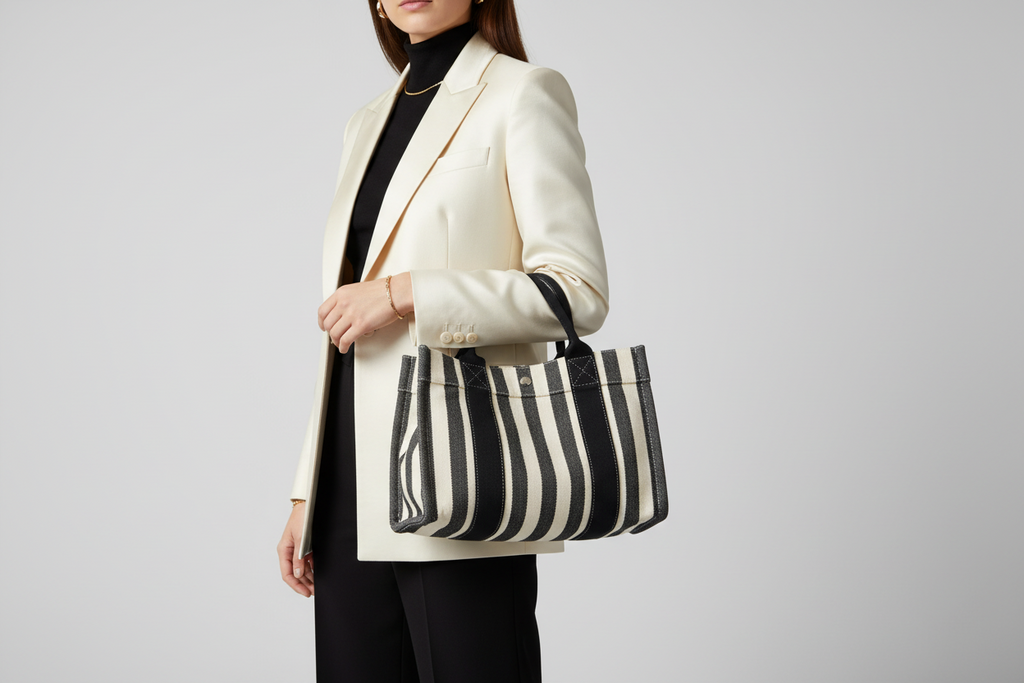 Hermès Cannes PM Border Cotton Canvas Tote Black White Previously Owned  Authentic