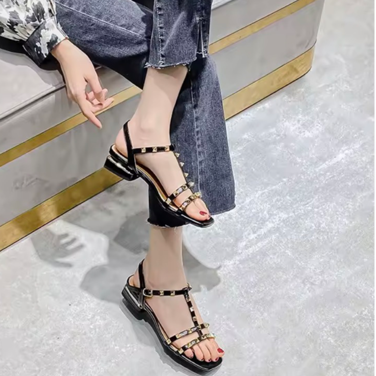 T-Strap Studded Low Heel Sandals