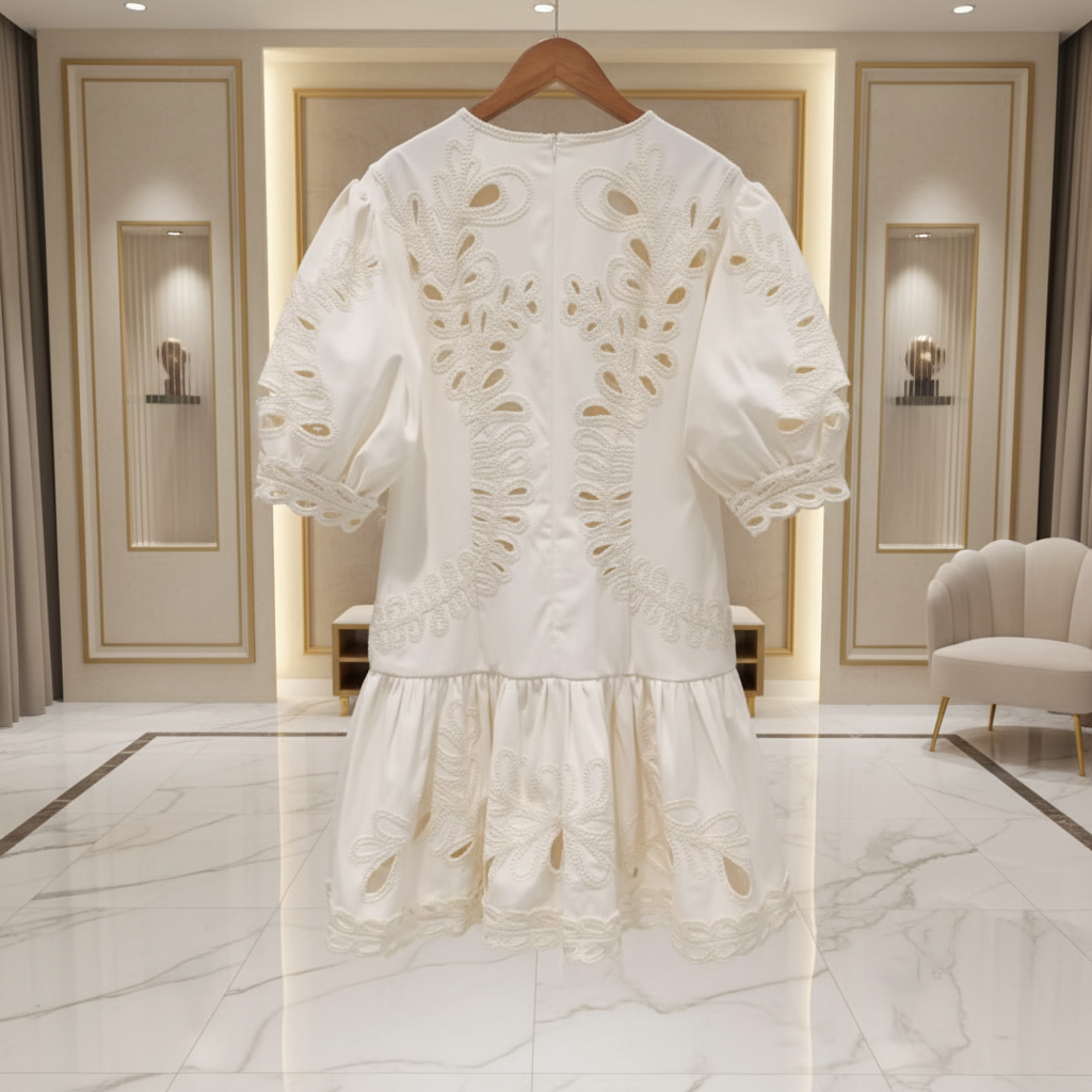 Ivory Embroidered Puff Sleeve Mini Dress – Cotton Blend A-Line O-Neck Dress