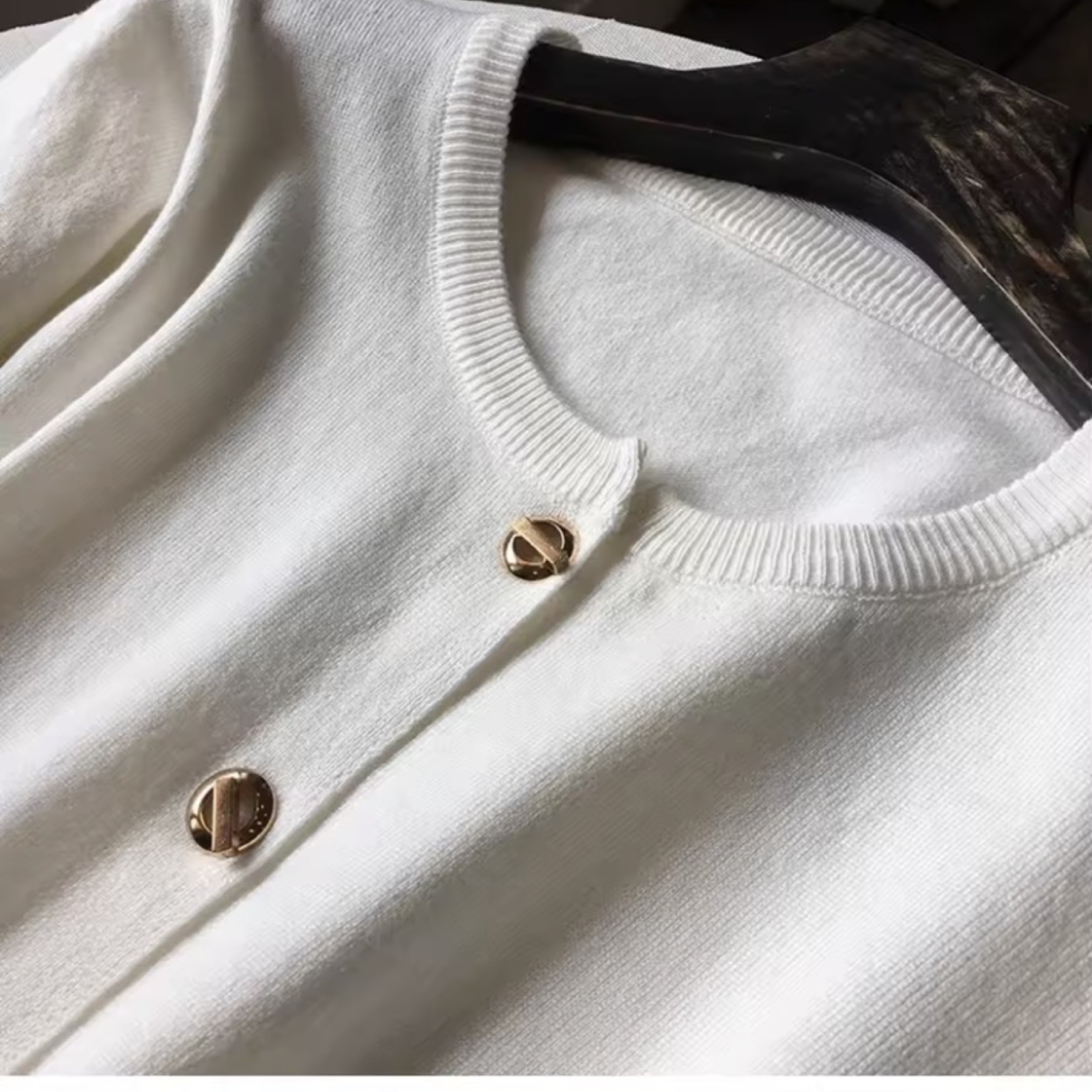 Gold Button Knit Cardigan – O-Neck Long Sleeve Sweater