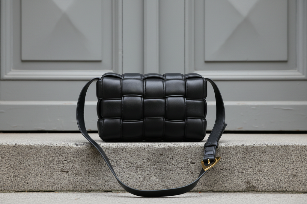 Bottega Veneta Maxi Padded Cassette Intrecciato Leather Shoulder Bag Black Gold Hardware Pre-Owned Authentic