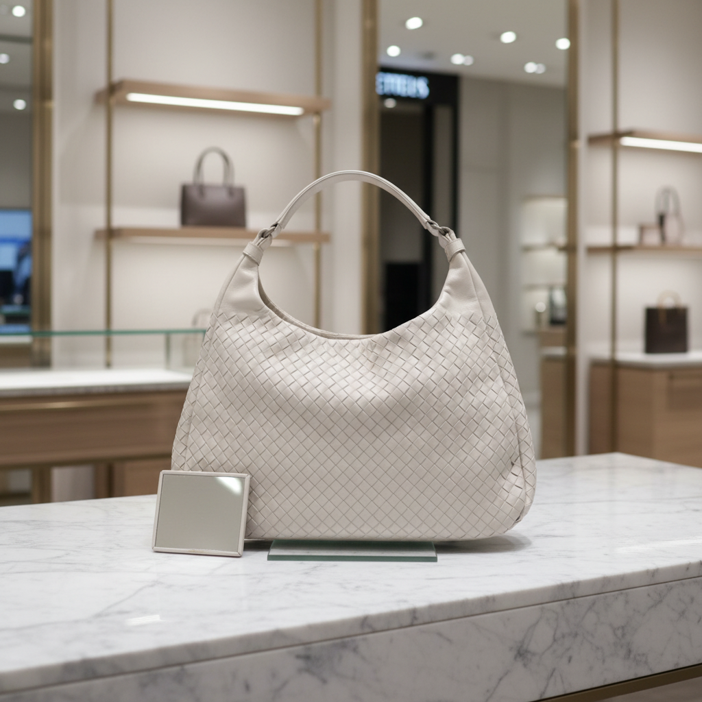 BOTTEGA VENETA Campana Intrecciato Light Grey Leather Shoulder Bag – Authentic Previously Owned