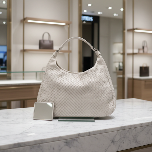 BOTTEGA VENETA Campana Intrecciato Light Grey Leather Shoulder Bag – Authentic Previously Owned