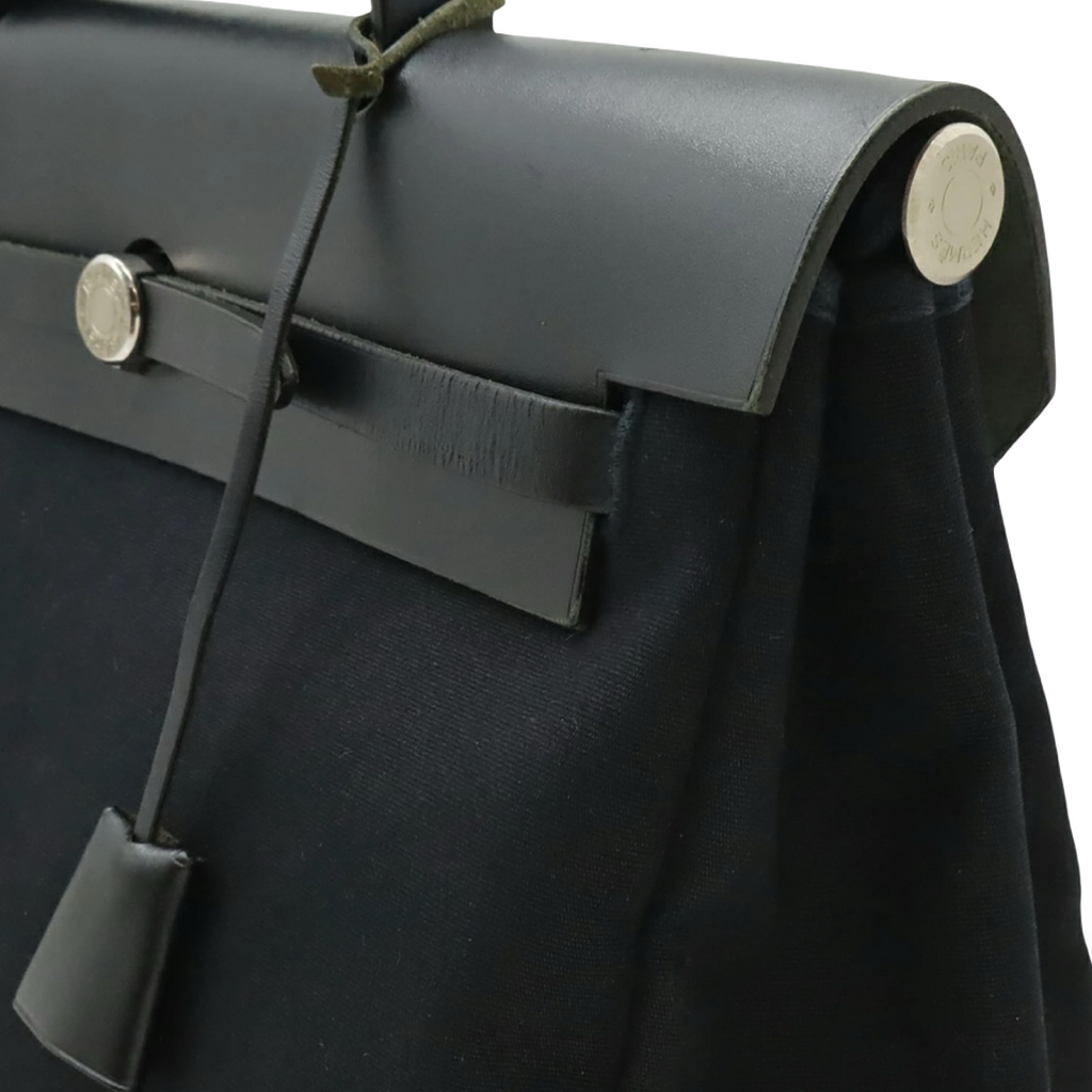 Hermès Herbag MM Toile Officier Leather Handbag Black Previously Owned Authentic