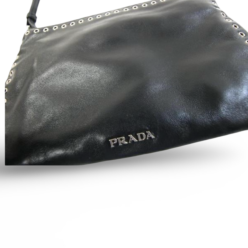 Prada Studded Leather Clutch Black Red Pre-Owned Authentic