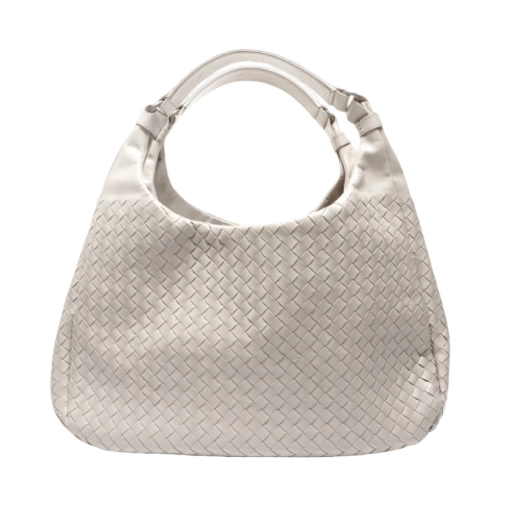 BOTTEGA VENETA Campana Intrecciato Light Grey Leather Shoulder Bag – Authentic Previously Owned