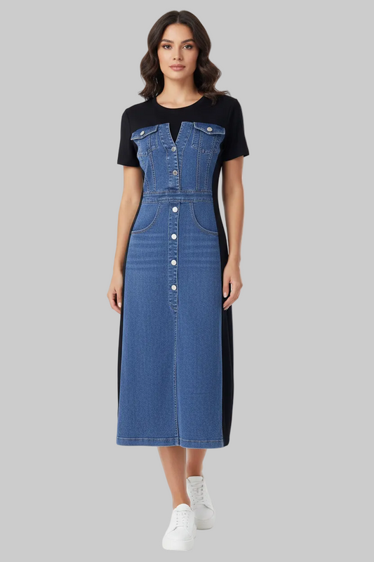 Dark Blue Denim Panel Midi Dress | Curve | L’LUXE Dresses