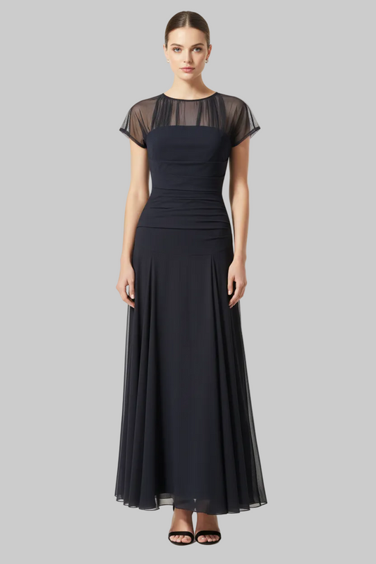 Sheer Ruched Mesh A-Line Evening Dress| Black | Curve | L’LUXE Dresses