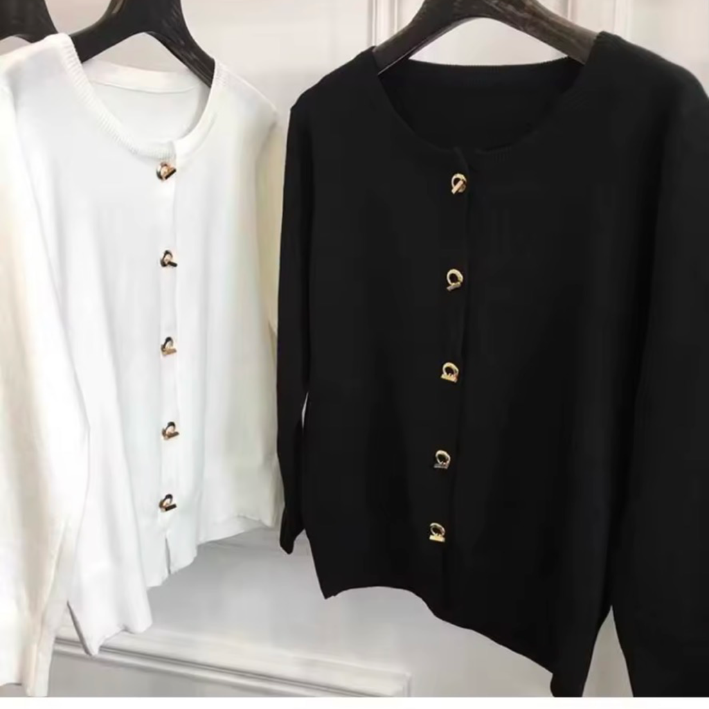 Gold Button Knit Cardigan – O-Neck Long Sleeve Sweater