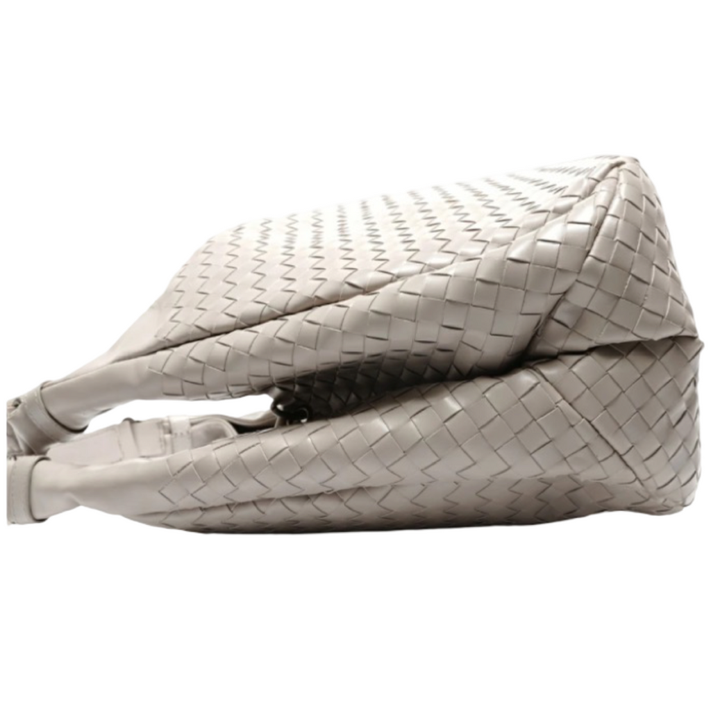 BOTTEGA VENETA Campana Intrecciato Light Grey Leather Shoulder Bag – Authentic Previously Owned