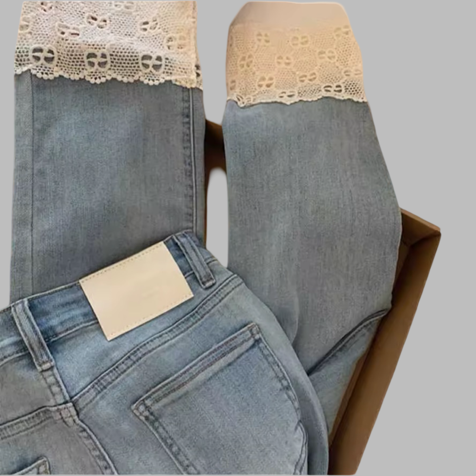 High Waist Light Wash Ankle-Length Lace Hemmed Cropped Straight Denim Jeans