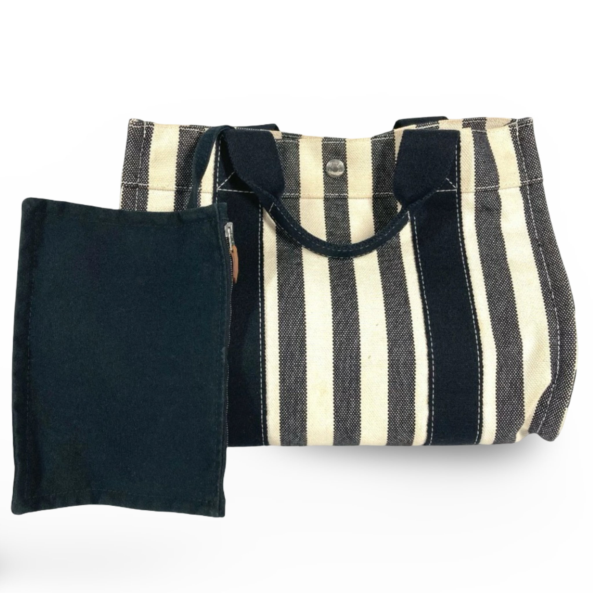 Hermès Cannes PM Border Cotton Canvas Tote Black White Previously Owned  Authentic