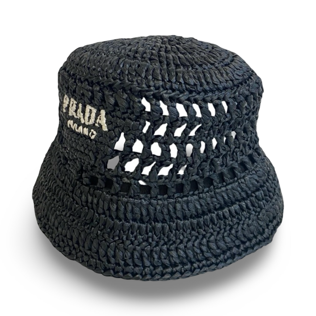 Prada Crochet Bucket Hat Black Logo Previously Owned Authentic