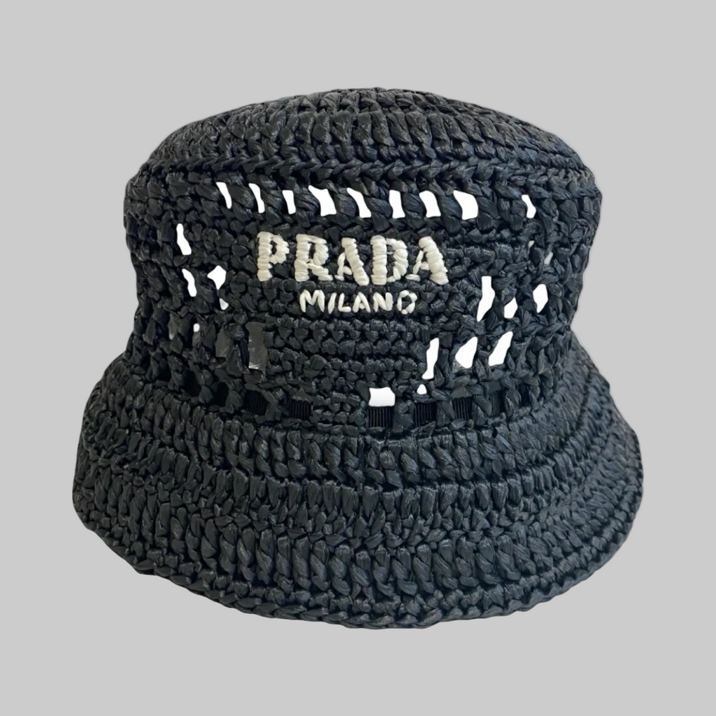 Prada Crochet Bucket Hat Black Logo Previously Owned Authentic