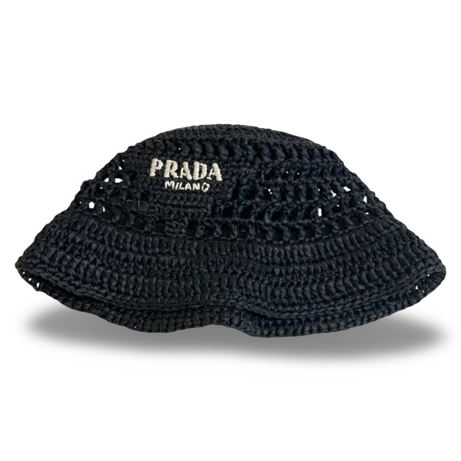 Prada Crochet Bucket Hat Black Logo Previously Owned Authentic