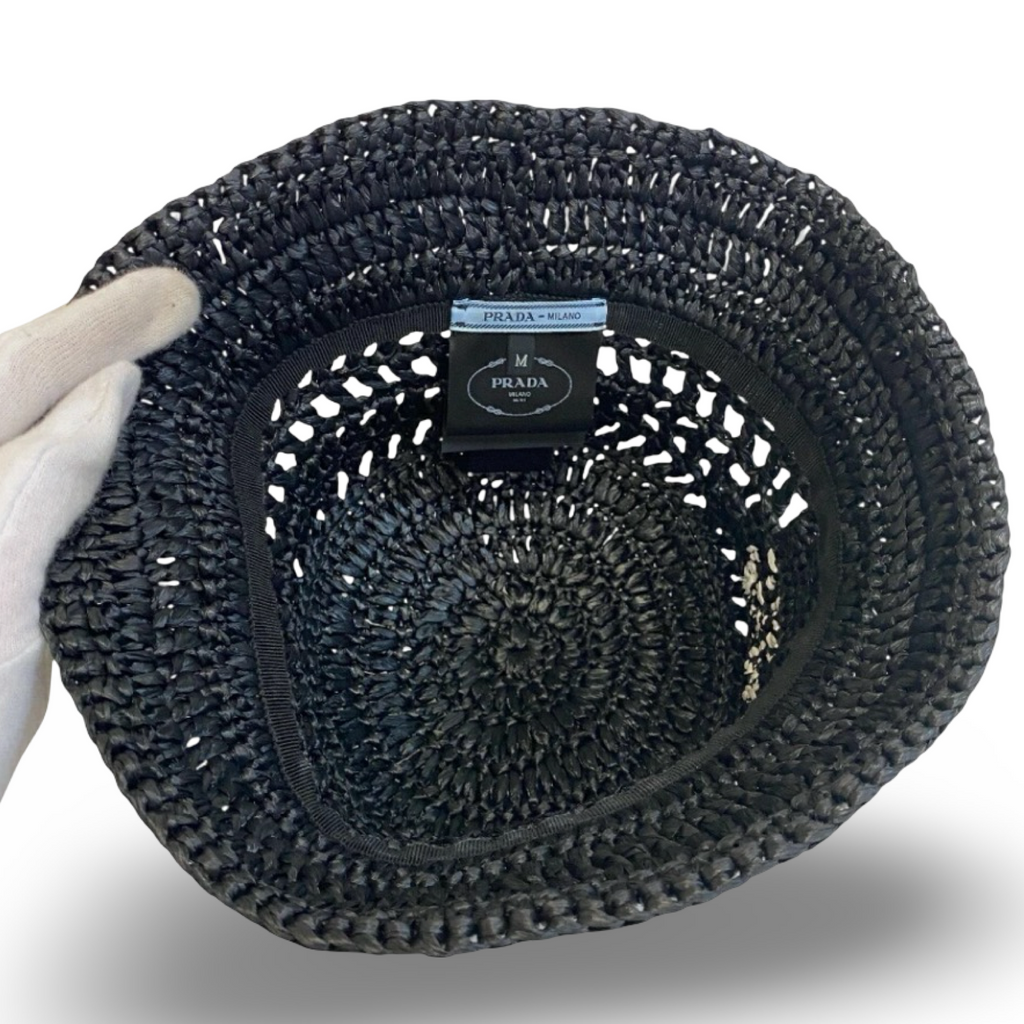 Prada Crochet Bucket Hat Black Logo Previously Owned Authentic