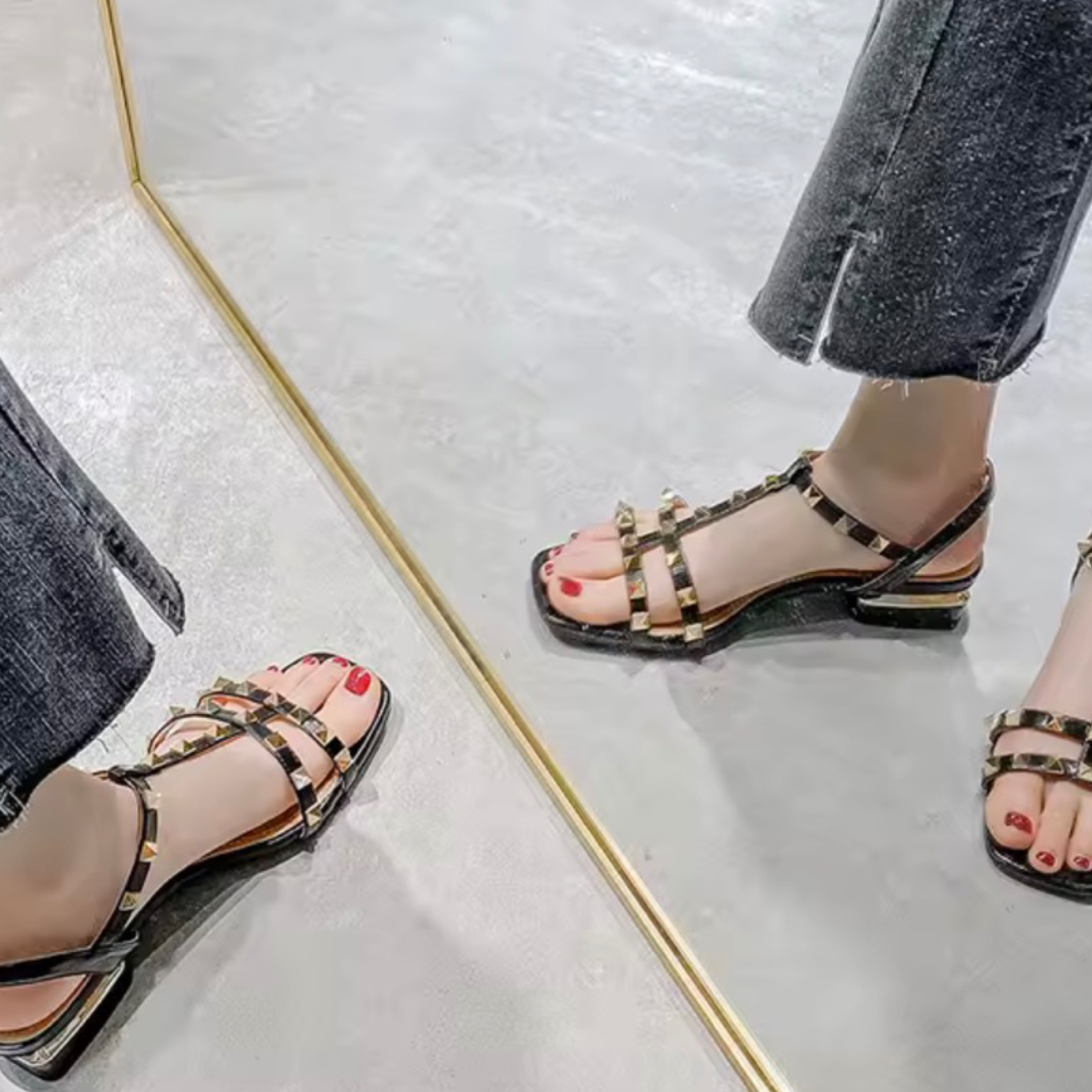 T-Strap Studded Low Heel Sandals