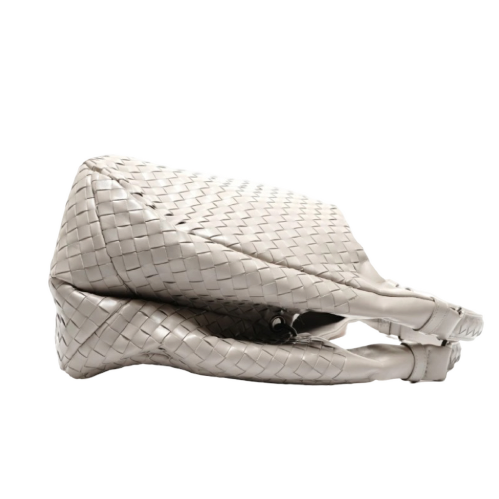 BOTTEGA VENETA Campana Intrecciato Light Grey Leather Shoulder Bag – Authentic Previously Owned
