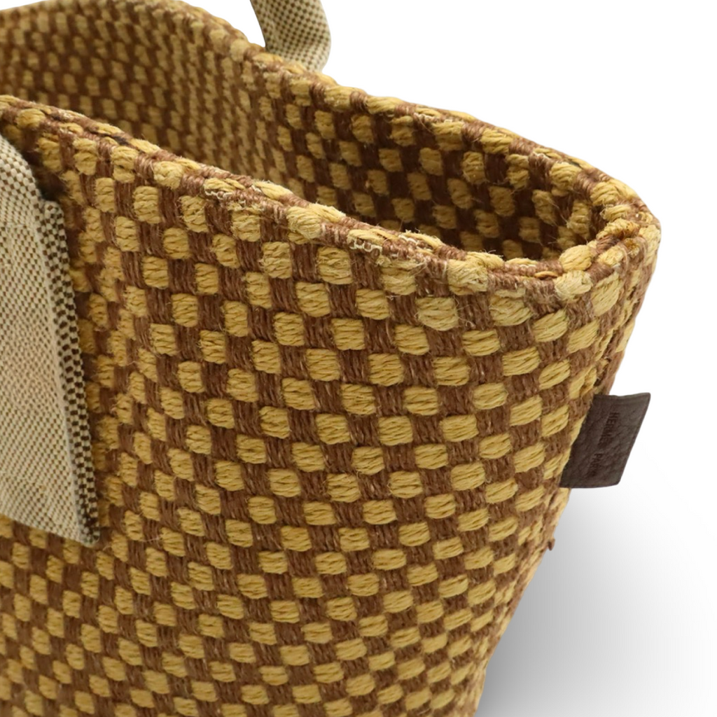 Hermès Panierbas PM Linen Tote Bag Brown Beige Checkered Previously Owned Authentic