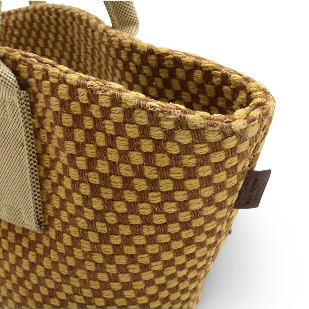 Hermès Panierbas PM Linen Tote Bag Brown Beige Checkered Previously Owned Authentic