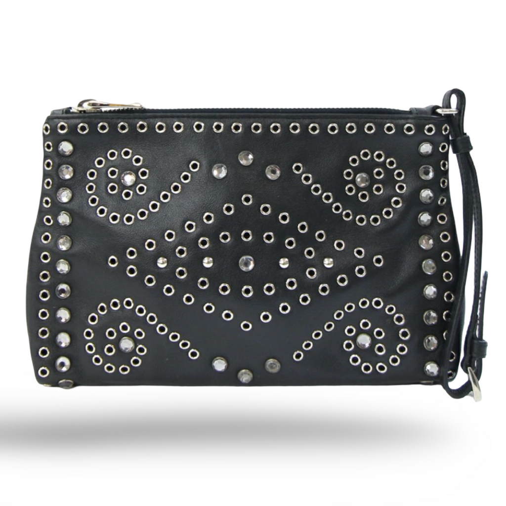 Prada Studded Leather Clutch Black Red Pre-Owned Authentic