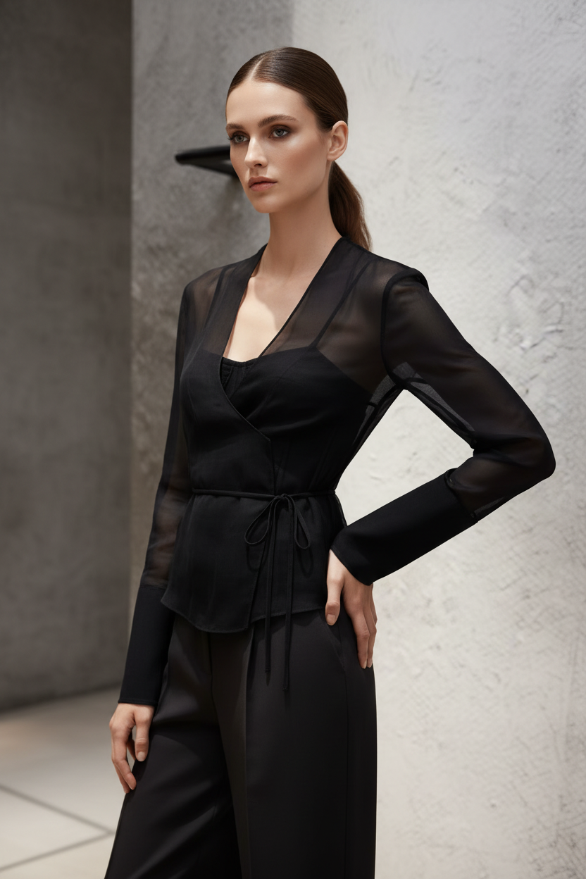 Sheer Overlay Wrap Blouse