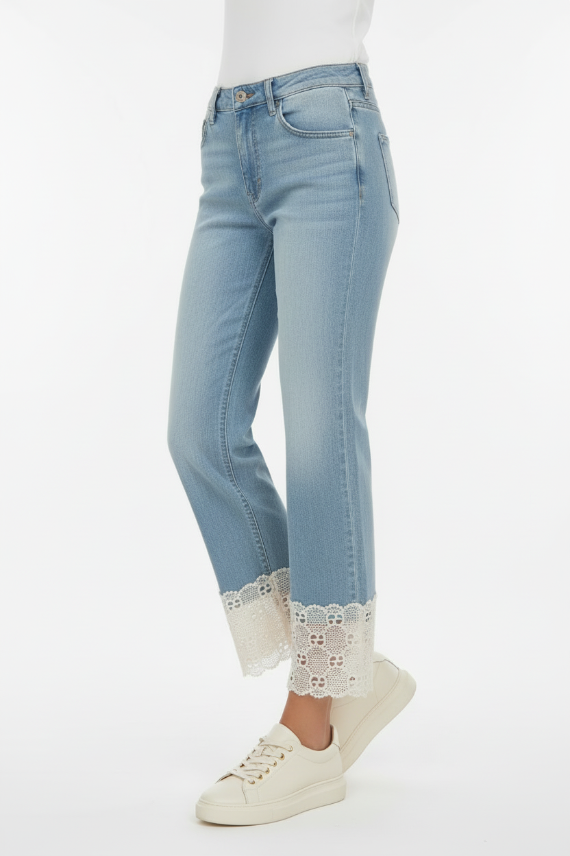 High Waist Light Wash Ankle-Length Lace Hemmed Cropped Straight Denim Jeans