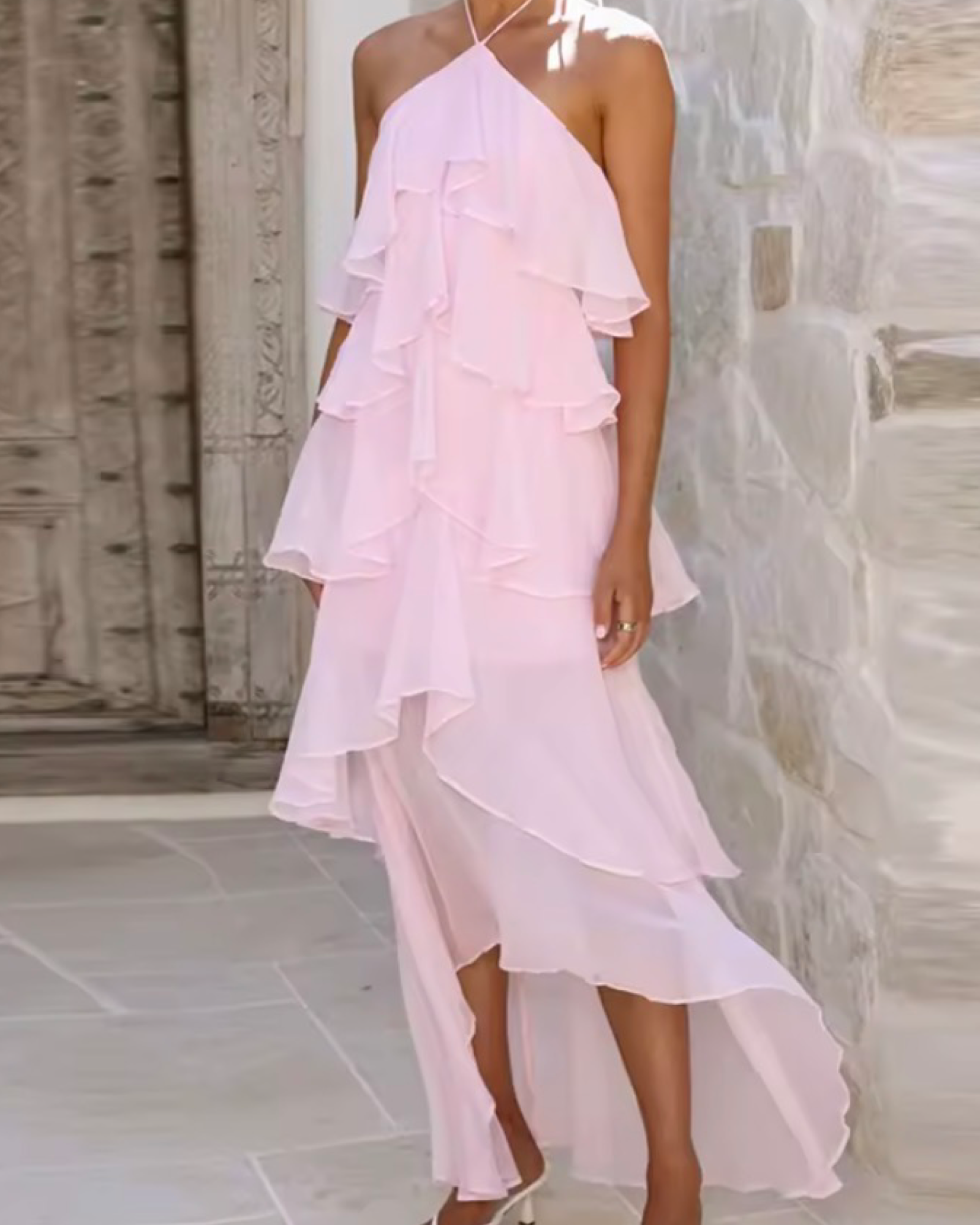 Layered Ruffle Halter High-Low Dress