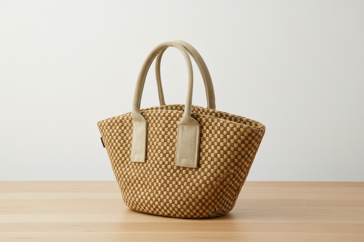 Hermès Panierbas PM Linen Tote Bag Brown Beige Checkered Previously Owned Authentic