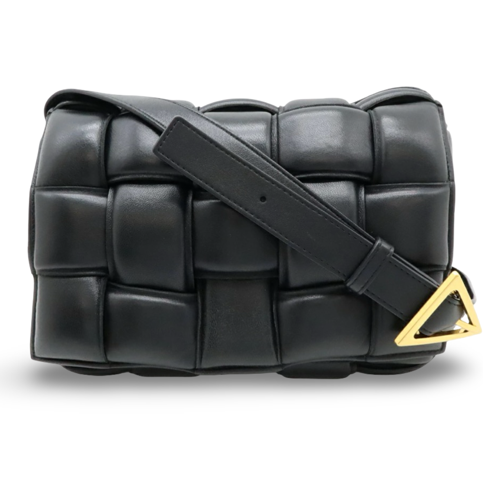 Bottega Veneta Maxi Padded Cassette Intrecciato Leather Shoulder Bag Black Gold Hardware Pre-Owned Authentic