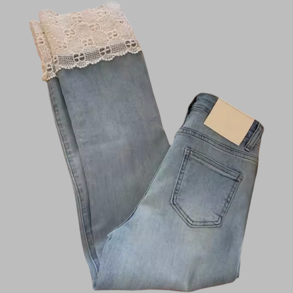 High Waist Light Wash Ankle-Length Lace Hemmed Cropped Straight Denim Jeans
