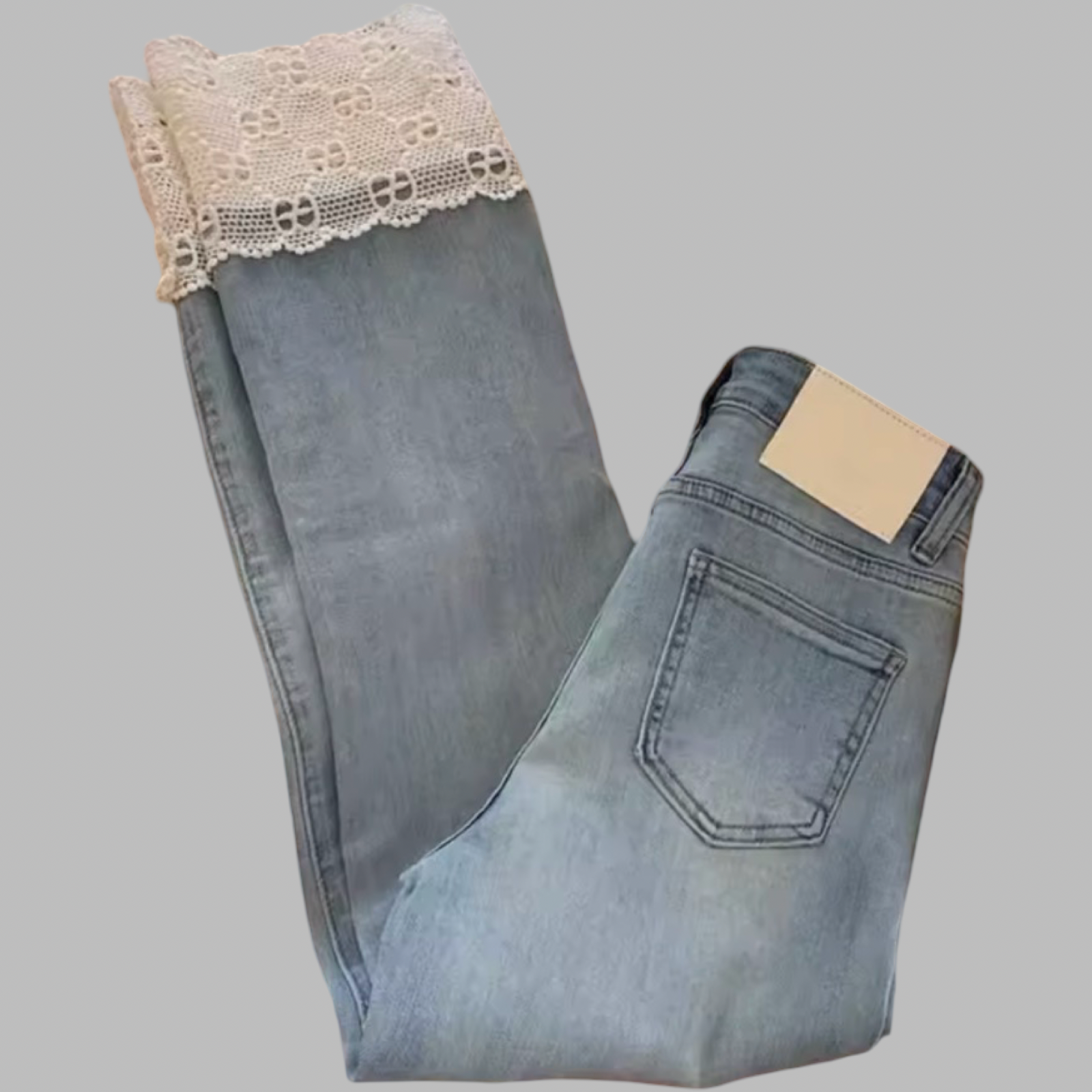 High Waist Light Wash Ankle-Length Lace Hemmed Cropped Straight Denim Jeans